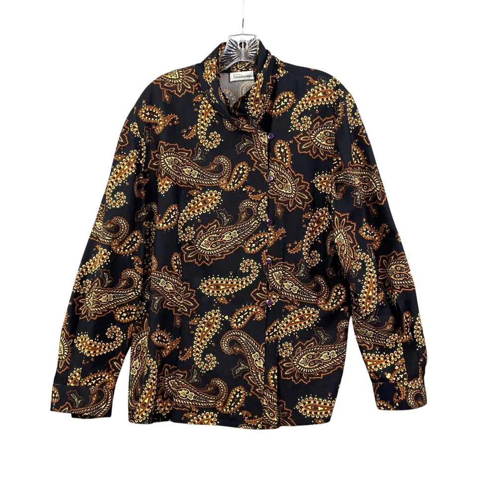 Dana Buchman Blouse Womens 14 Black Paisley 100% Silk Button Up Long Sleeve Top